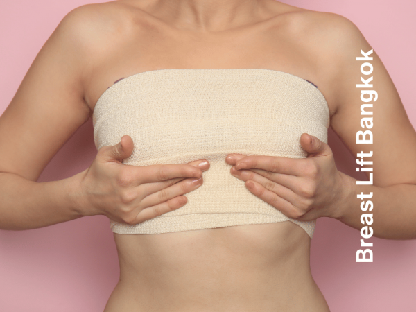 Woman with Bandage on Her Chest against Color Background. Breast Augmentation Concept